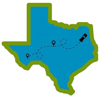 Map of Texas with a car driving across